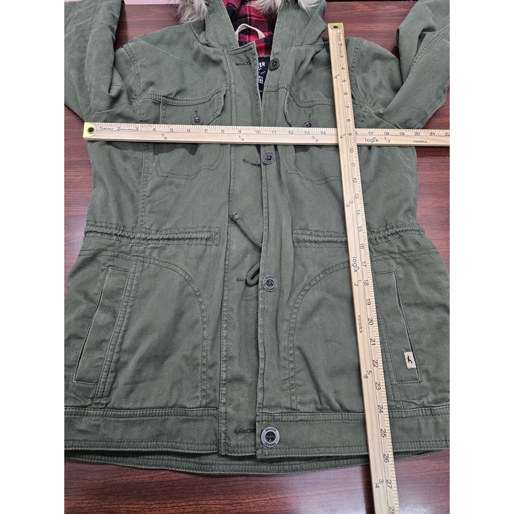 Hollister Women's Utility Jacket Fur Hood Plaid Interior Green Coat Size Large - Picture 11 of 11